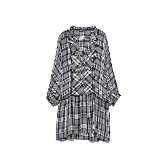 ZARA Gray White Plaid Dress With Tassels - S - Picture 2 of 4